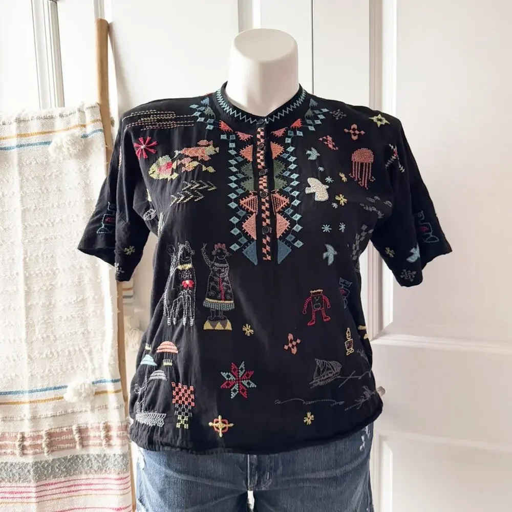 Johnny Was Pete & Greta Seraphina Black Embroidered Short Sleeve Top Women’s XS - Picture 3 of 10